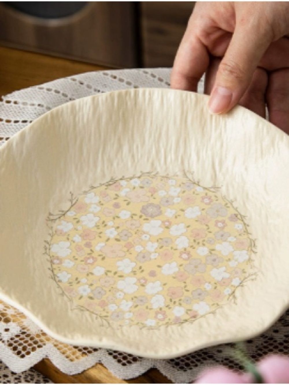 Cream Ceramic Bowl with Yellow Floral Medallion